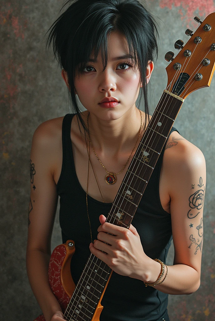 A young woman with short black hair dyed the ends light brown. wearing a black tank top He has graphic tattoos on his shoulder and chest. playing acoustic guitar Create an image of a young woman playing an acoustic guitar in a cozy room. She has short, light brown hair that is dyed at the ends. and wearing a black tank top Intricate graphic tattoos are evident on the shoulders and chest. She has a relaxed and expressive demeanor while playing the guitar. The background of the picture is a room with a simple white door and furniture.