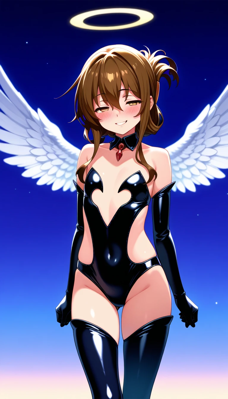 Highest quality,Highest Resolution,Smiling beautiful girl in maid leotard,White angel wings on your back,Halo,High leg,Frills,Knee-high stockings,front,whole body,up,universe,Milky Way,meteor,Very beautiful eyes,