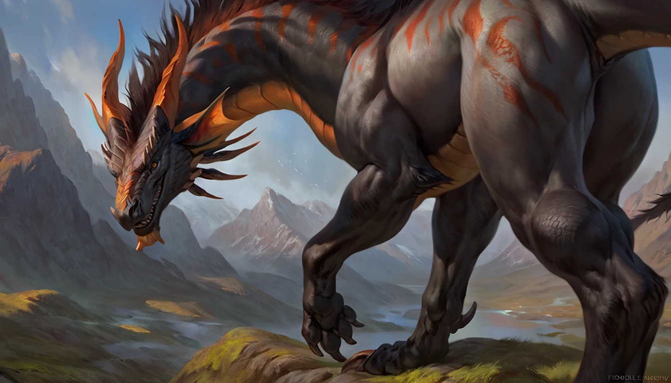 A human gently petting a big pregnant belly of a enormous and friendly feral dragoness, Detailed painting by Taran Fiddler