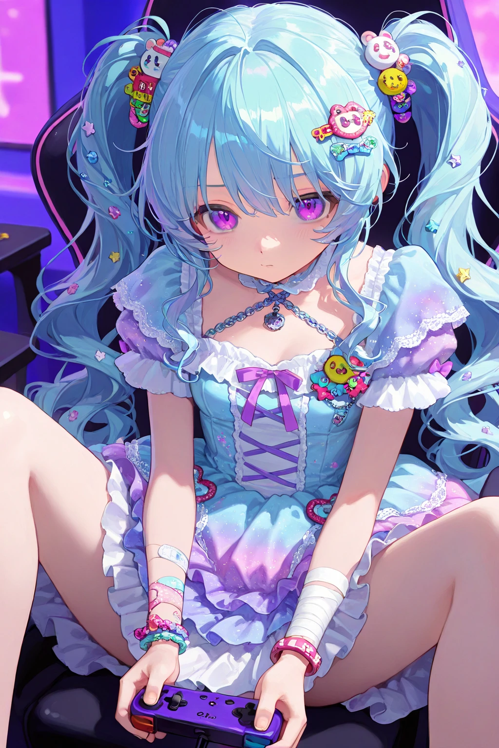 vibrant eye, prism colors, vibrant colors, gradient hair, 1girl, tongue, ((colorful, lacy clothes, frills, bows, hairbow, lace, frills, ribbons, cute heart harness)), realistic, anime, award winning photo, idol, kpop, jpop, model ((Realistic skin texture)), colorful pastel bright lights, sparkles, princess, barbie, flowers, roses, plants, bed