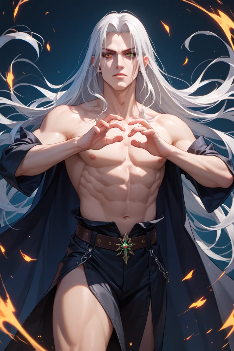 (8k,uploadsrrealista　uploads　Maximum quality;1.4) (1 young boy) Super handsome king of the underworld　(lifelike face) 　(long hair, white platinum hair)　slenderbody　Muscular and macho　White aristocratic top suit with big white eyes　white decoration　Fangs peeking out of the mouth　Pointed claws　a seductive gaze　Beautiful expression　A hyper-realistic　(King of the Underworld)　appealing　(real looking skin)　super high resolution　high détail　Luxurious white pants　White aura emanating from the body　effect　white robe 