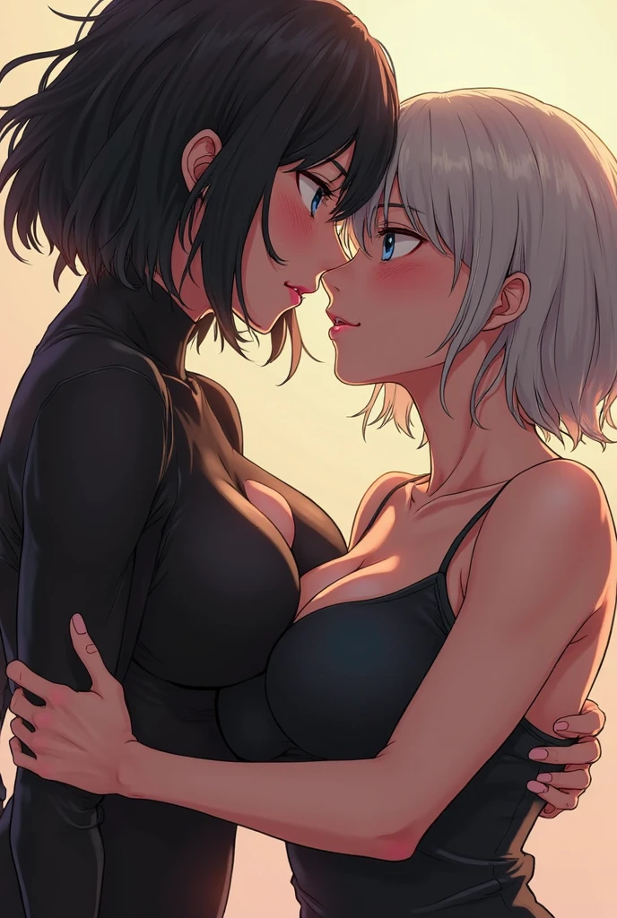 ((high quality)),Tabletop,(Detailed depiction of the local area:1.2),Two Girls,Ample breasts,Enchanted Valley,Mouth closed,eyelash,nipple bigboobs,Portraiture,Gray Hair,Black Theme,short hair,yorha no. 2 Type B,(((Gray Hair and black hair)))、((Licking each other's genitals)) Full body image、(((Sixty-nine)))((Woman in white underwear、Woman in black underwear))((Two smiling people))((白い肌とDark Skin))(((Black Hair、Dark Skin、Woman in a black dress)))((White Thong))((Black Thong))((()))((Two people kissing))((Oral sex)) ((Grab your head with both hands)) ((Tongue-tight kiss))