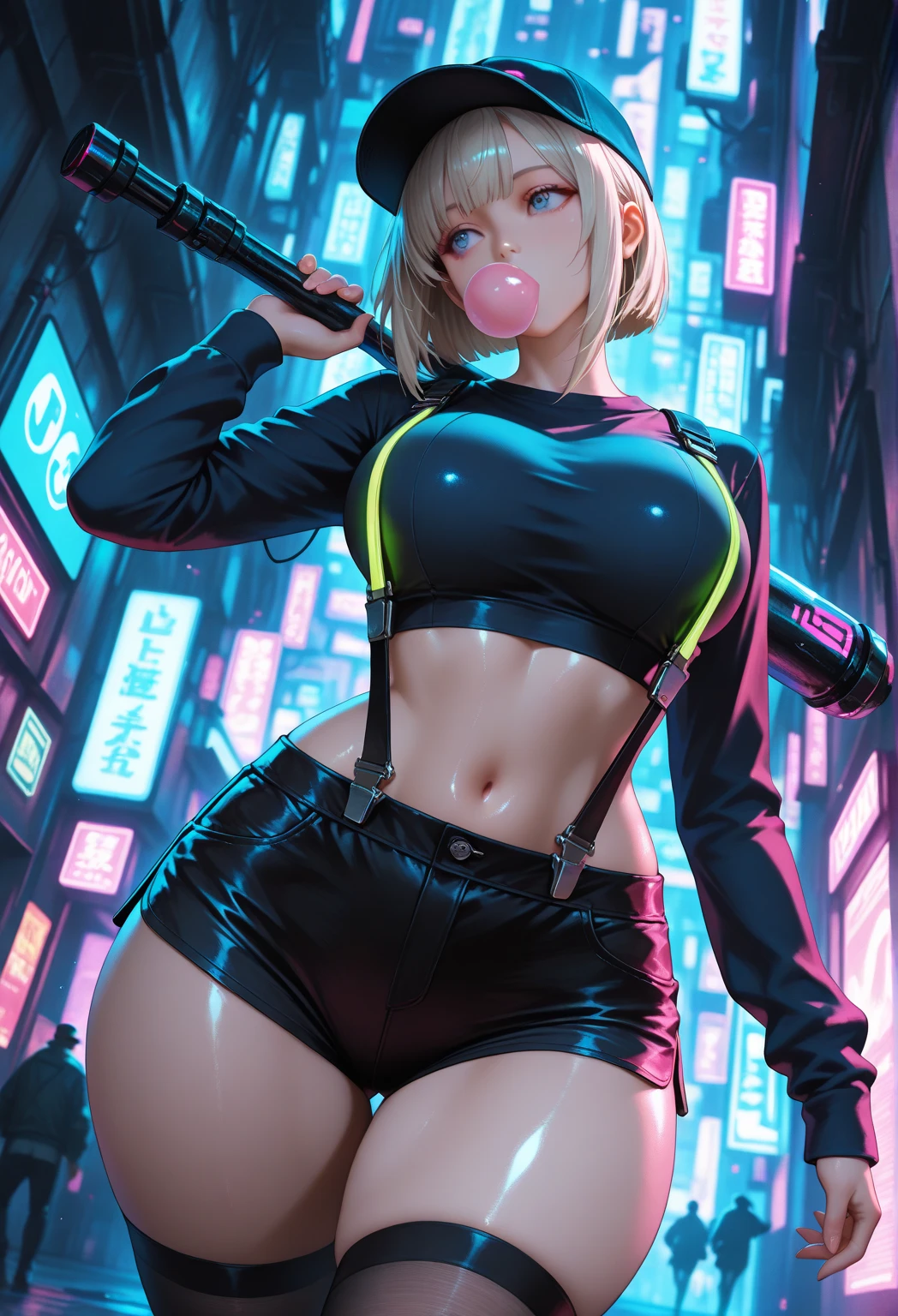 1 girl, blonde hair, Moaning Ears, alone, dark skin, soft skin, neon neon, futuristic, summer jacket, falling sakura, Retro Style, Looking at the viewer, cinematic lighting, eyeliner, makeup, emotional, highly detailed , wide shot, sharp focus, Ring Light, Rim Lighting, OcSo, thick thighs