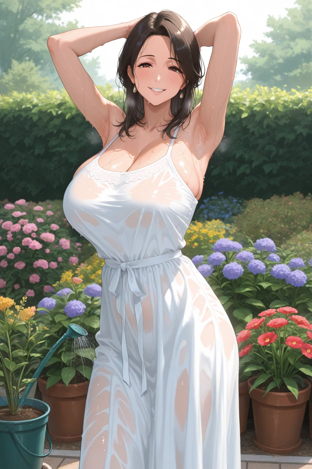Sensual Asian girl, lingerie, garden):