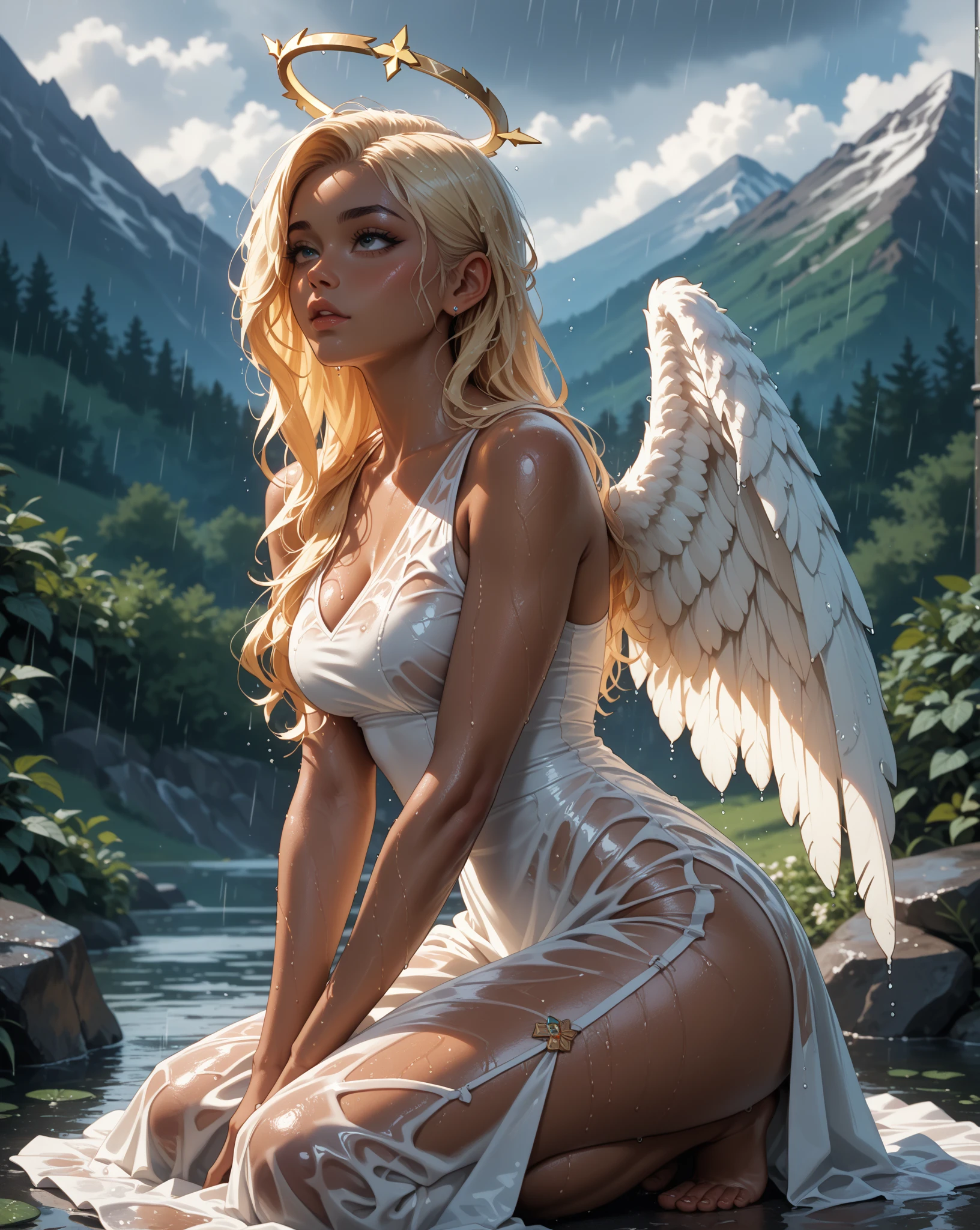 (beste-Qualit, 4k, tmasterpiece :1.3), a handsome female, A hyper-realistic, (attractive body: 1.2), ultra-detailed face, detailed lips, A detailed eye, open neckline, (sparkly skin: 1.2), hanging breast, beste-Qualit, ((body complet, including legs)), tmasterpiece, hiquality, 独奏, (1 Russian woman: 1.4), 25 years, ((Adult woman)), (wicked smile:1,3), ((Muscular woman)), (Abs), white colored hair, extra very long hair, floting hair, exuberant hair, Cyan eyes, elastic hips, elastic ass, makeup, eyeshadows, ((Average Breasts)), (angel wings), (Spread wings: 1.3), large wings, (skinny waist), wide shoulders, bare arms, bare shoulders, (cameltoe), ((big butt)), ((middle thighs)), thigh gap,Lift the jack,The body in perfect proportions,sharp silhouette,Explicit cleavage,Polyethylene film,tight-fitting, (Bare Tits: 1.3), Tits Out, ( rich pubic hair: 1.3), The pervert is exposed,Sexual suggestiveness,Sexual activity, glittering,Maximum transparency of clothing, lace trims, small red bra, (Red thong panties),Red Stockings, white sneakers, lower breast,A well-thought-out body,climax,Authentic skin texture,realistic detailed,Beautiful light and shadow,perfect image quality,extra high resolution, (on knees with legs spread:1.3), clear background, exteriors, Wild Forest, A small lake in the background, trees in the background