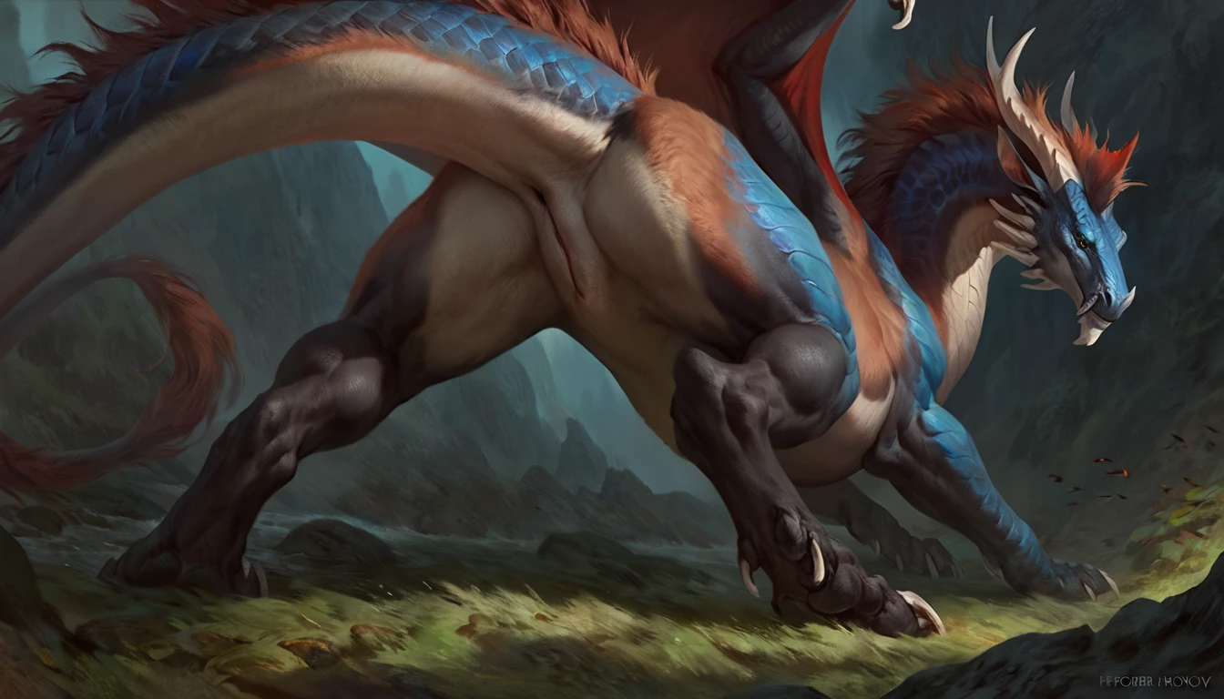 (best quality,highres,masterpiece:1.2),ultra-detailed,(realistic:1.37),explicit furry artwork by qwertydragon,(feral),(dromaeosaur),(thick sheath),(large tail),(balls),(solo),(wingless), naked, pussy, anus