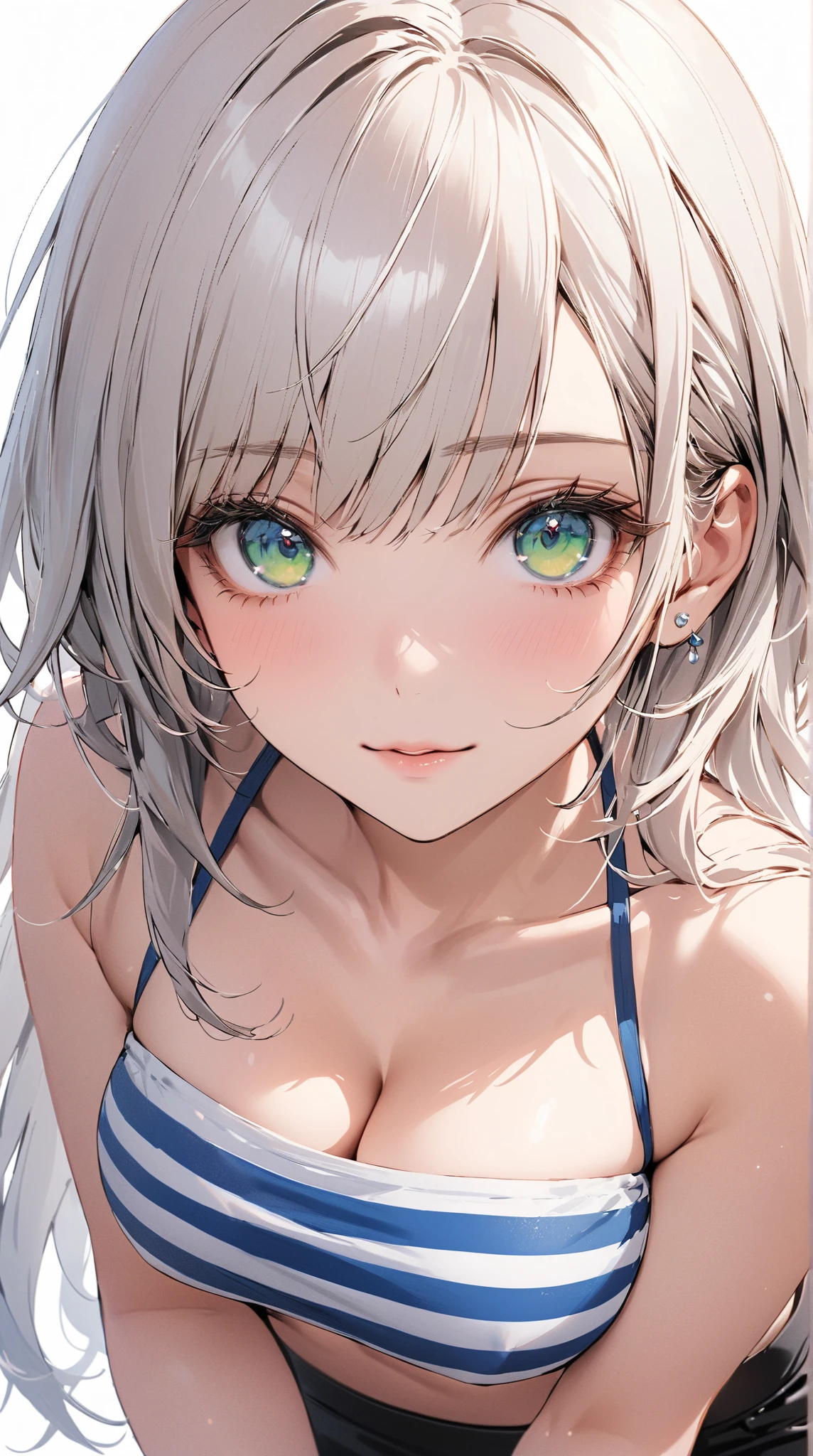 Female Solo, 短いwhiteい髪, Red eyes, Large Breasts, Female President and CEO, Futuristic, Simple elegance, Elegant clothes, Beach, Simple swimsuit, sunny, 小さなsmile, Palm tree, jewelry, Broad shoulders, Close-up fit, 飛行船score_9,score_8_superior,score_7_superior,eyelash, green_tie, 一人in, blush, Commentary, Looking_in_Audience, white_shirt, Mole_Down_mouth, shirt, Happy, Jacket, School_uniform, Kazeno_Hiori, blazer, tie, smile, One girl, Mole, Light_blush,、(topless:1.9)、(Nipplesを見せる:1.2、Areolaを見せる:1.2)、(Nipples:1.2)、(Areola:1.3)、(blush:1.5)、
