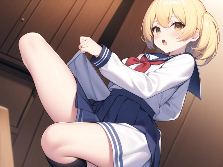 (((1girl))), ((best quality)), ((masterpiece)), ((ultra-detailed)), (illustration), (detailed light), (an extremely delicate and beautiful), (beautiful detailed eyes), (sunlight), ((extremely light)),  ((extremely clothes)), (((hyper detail)))

(((sailor uniform and a brief pleated skirt))),
,

((wavy short manisy bob)), ((((yellow gold hair)))),  (((short hair))),
(((deep red eyes))), 

(((whole body))), aged 13 to 16, 
(((condescending expression))), (mischievous smile with sexual satisfaction),  (((extra adorable))), (((extra slender shape))), 
(((extremely beautiful detailed face))),

(((squatting on the sofa))), (((((Dutch angle))))),

((())), ((exposed pale pink panties)),
(((extremely thin thighs))), (((white stockings)))