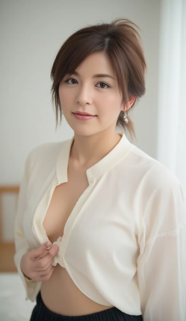 (8K, Raw photo:1.2), Detailed face and eyes,Best Quality, 超A high resolution, Highly detailed ,intricate detailes ,masutepiece ,Cute Girl , Soft cinematic light, Hyper-detailing,Sharp Focus, High quality, Blonde hair, bob cuts, tits out, (((Ivory color business suit top and bottom)))、See-through blouses and see-through bras、Minuscule panties、Small micro panties、Pubic hair can be seen through the lace of the panties、(((Panties are brightly colored lingerie panties made of lace material)))、(((See all panties)))、(((The skirt is definitely worn)))、(((Lift skirt hem)))、Sit in a triangle with your thighs slightly inward、panties focus、Detailed lace panty pattern、(((Lifting skirt while standing to show off panties to camera)))、(((Lift the skirt bigger and bigger、Show your panties to the camera)))