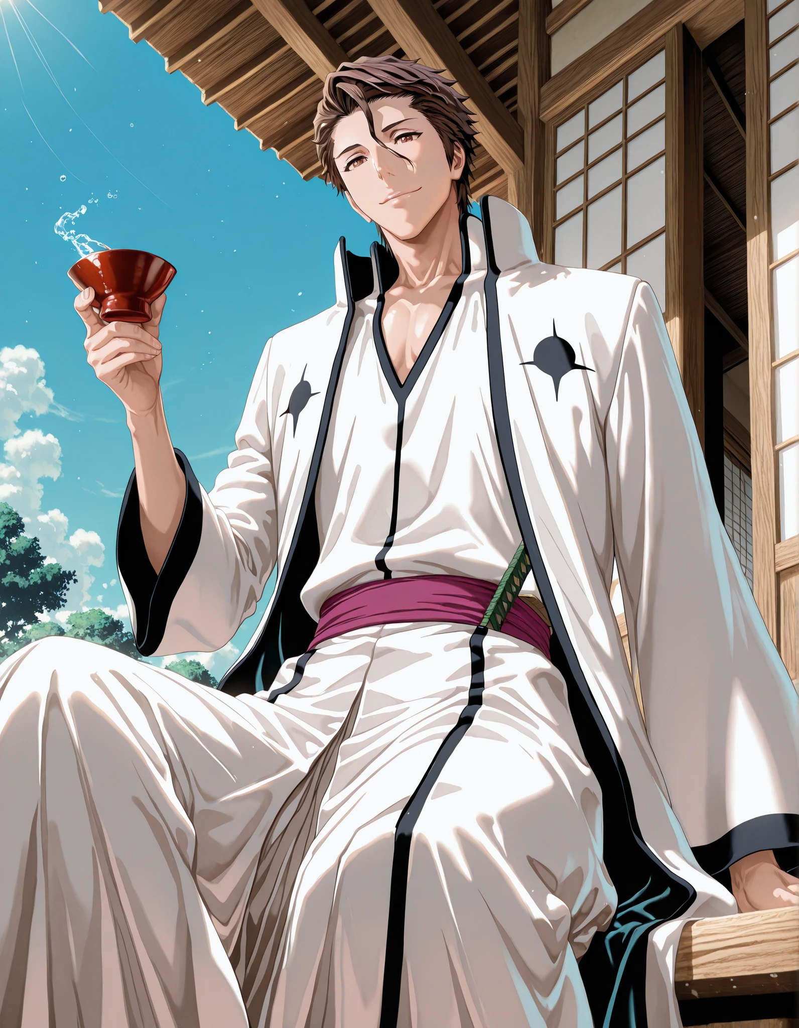 high quality, masterpiece, detailed, 8K, beautiful lighting, five fingers, anime style, vibrant colors, A man sits on the veranda of a wooden building, where the stars shine and the moonlight shines in a deep blue sky that exudes a sense of transience, holding a red sake cup in his right hand. He smiles at us with a smile that exudes a sense of transience. There is a pond in the garden in front of the man. viewed from a low angle, aizen_sousuke_arrancar,1boy,solo,brown hair,brown eyes, arrancar clothes, Fantasy_eyes,