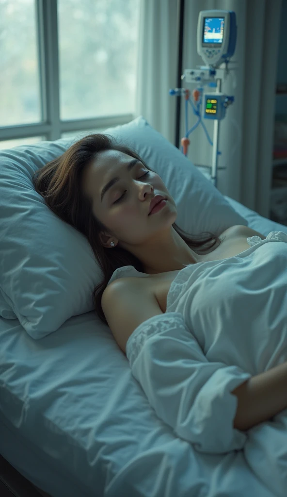 Latina woman with cinnamon skin, short hair with a ponytail tied up In a hospital bed