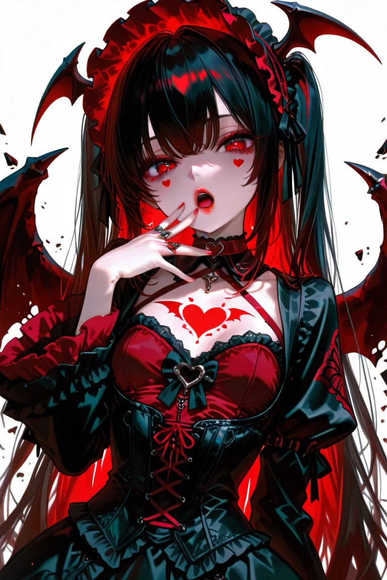 (realistic,photorealistic,photo-realistic:1.37),beautiful detailed eyes,beautiful detailed lips,extremely detailed eyes and face,Blurred motion, streaks of light, surreal, dreamy, ghosting effect, highly detailed, cowboy shot, best quality,woman, 20 years old, asymmetrical bangs, Topless, (Exquisite business suit:1.8), glow red neon hair, necklace pendant between breasts, big breasts, Glowing eyes, (red devil horns:1.5), awardwinning, amazing details,eye shadow，Eyeliner，(bandage在头上，bandage，bandage覆盖一只眼睛:1.3)，，Devil smile,devil tail，Devil&#39;s Aura，Corner perforation，Hanging ornaments，