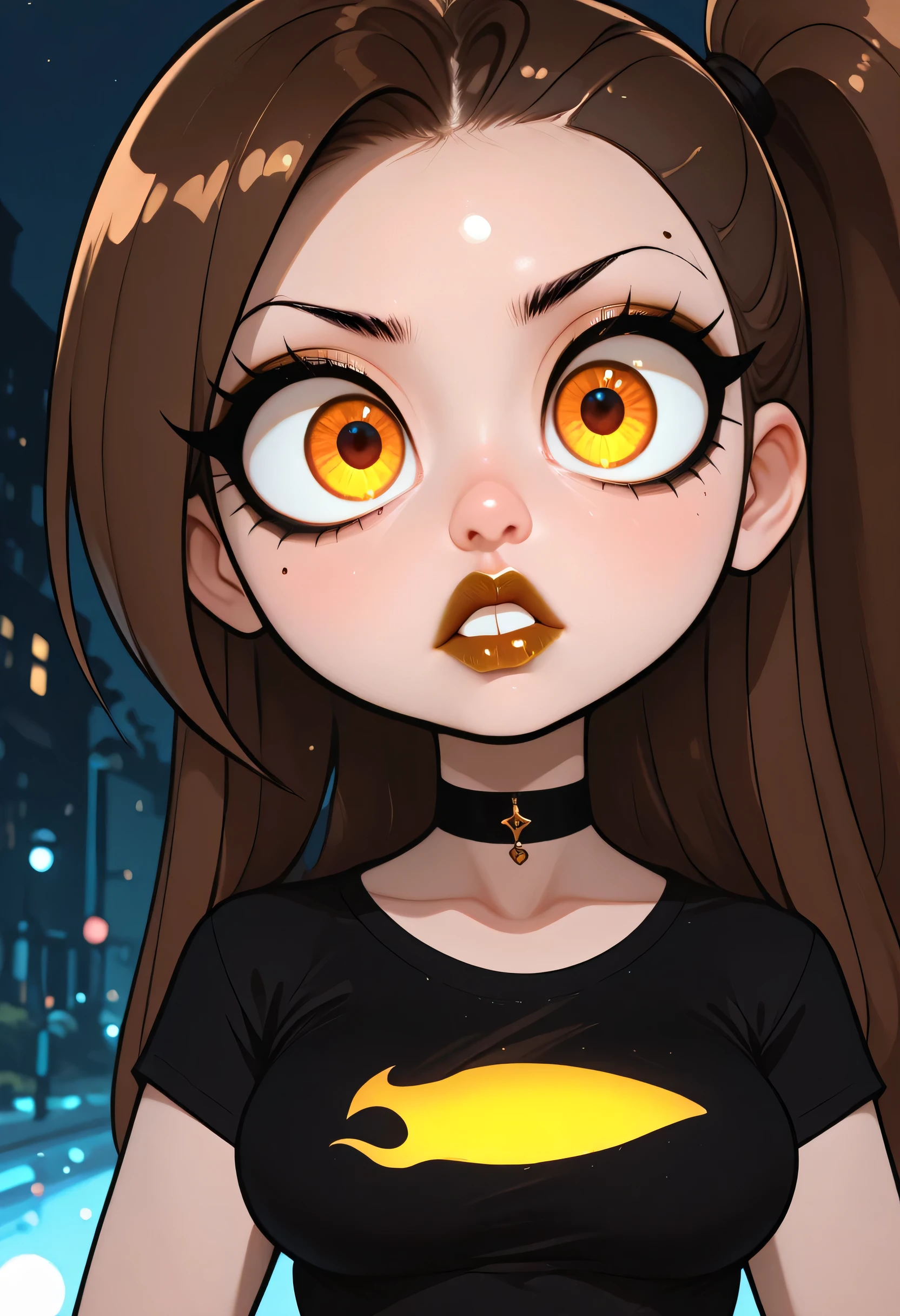 outdoors, 1girl, long hair, slick back side ponytail, brown hair, black eyebrows, thin eyebrows, pink eyeshadows, black eyeliners, big eyes, glowing golden eyes, thick lipstick, perfect face, beautiful girl, t-shirt, black t-shirt, medium breasts, black choker