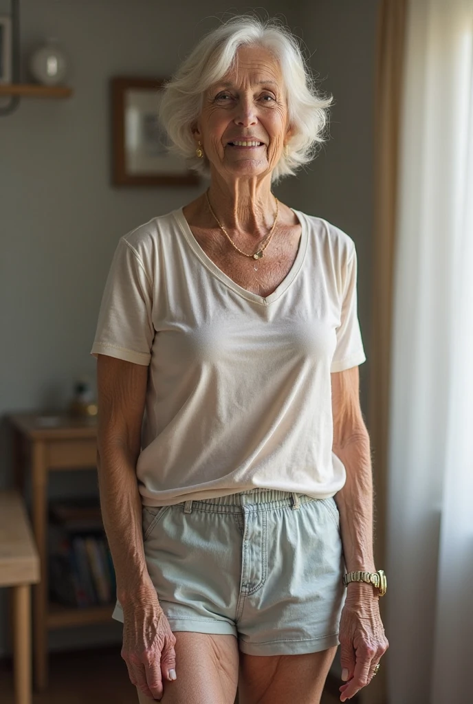 Full body photograph of an elderly woman, nice, with soft, intricate shadow on her wrinkled face, Capturing the weathered beauty of a long and fulfilling life. She wears a delicate light blue knitted blouse and beige pants.. She is standing in the living room of her house, a simple and cozy place. Next to you there is a sofa, On the wall there is an oil painting.  She looks at the viewer with a shy and welcoming smile..