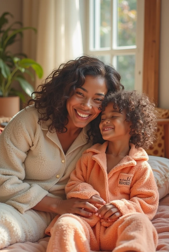 (8k, best quality, master part:1,2), (Realistic, photo-realistic:1,37), Qualidade Superior, master part, a mother of three, sentados no sofa da sala, Three happy children, Estilo feminino brasileira, Pele negra, Olhos bonitos, cabelos cacheados, usando vestido rosa