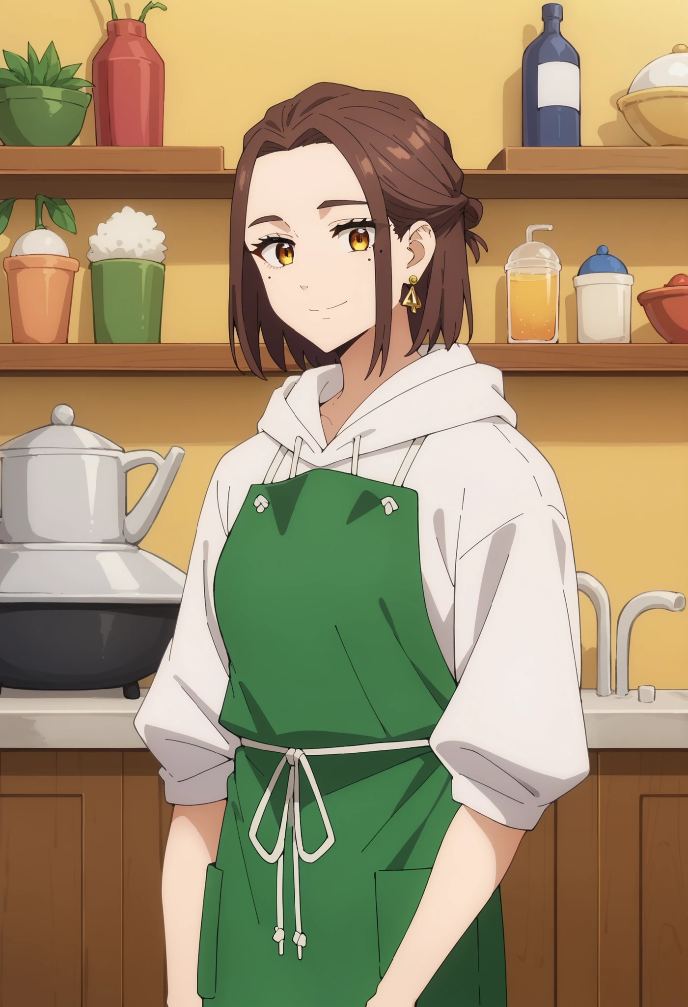 score_9, score_8_up, score_7_up, source_anime,
TachibanaKotoha,
1girl, closed mouth, light smile,
brown hair, medium hair, forehead, amber eyes, (alternate hairstyle, sidelocks:1.2), earrings, mole under eye,
KotohaApronAlt, green apron, white hoodie,
standing, looking at viewer,
indoors, counter, cafe
