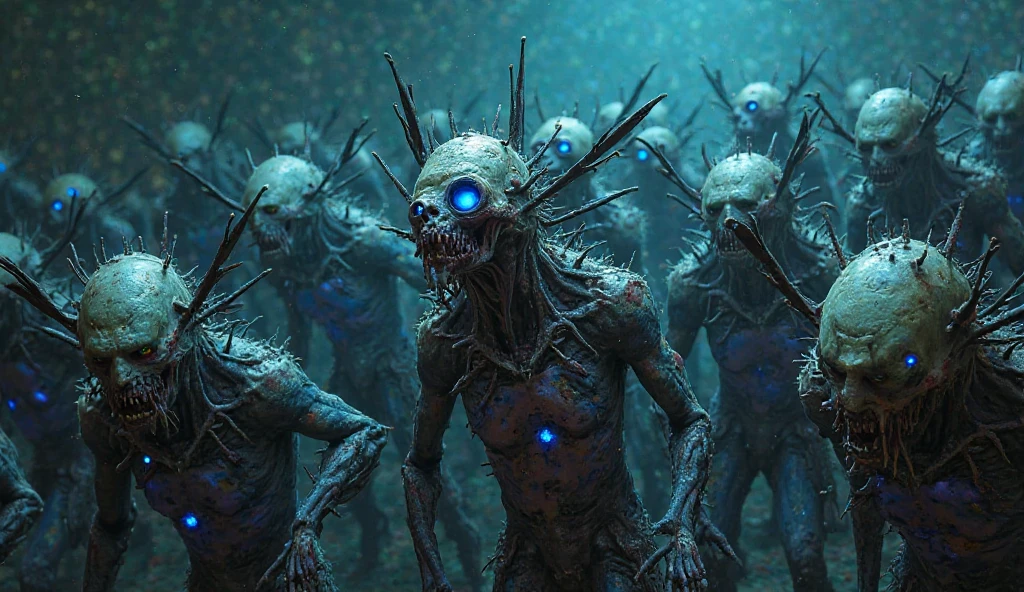 in (medium full shot:3.1) of lot of characters from (cosmic horror:3.1), inspired by style of Clive Barker art, in apocalypse in chaotic world, monsters, robots, daemons, aliens  (with Creepy, Sci-Fi, Fantasy and Horror:2.9) retro sci fi, Horror movie, ((Cinematic film)), ((Ultra Detailed)), Complex, ((Sharp Focus)), Object Texture, Studio Photo, Complex Details, ((Highly Detailed)), Photo Real Style, ((Hyper-realistic)), High Dynamic Range, ((Realistic Textures)), 8K UHD, Nikon D 850, Kodak Portra 400, Fujifilm XT, 3D rendering