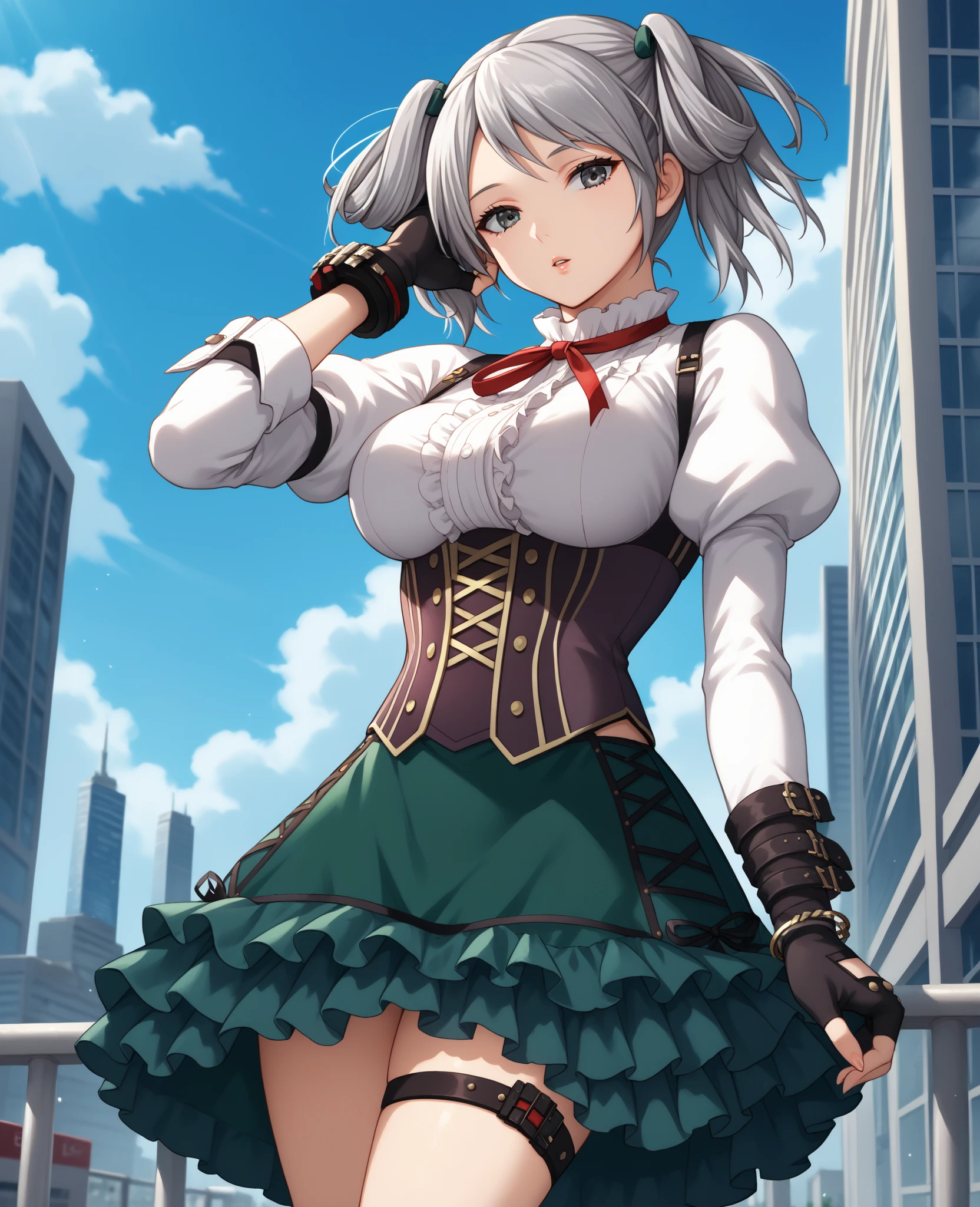 1girl, highres, character: neon (nikke), glasses, green eyes, looking at viewer, white hair, long hair, absurdres, pleated skirt, beret, thighs, open mouth, hairclip, black choker, closed mouth, brown gloves,score_9, score_8_up,score_7_up, masterpiece, best quality, perfect anatomy, very aesthetic, 8k