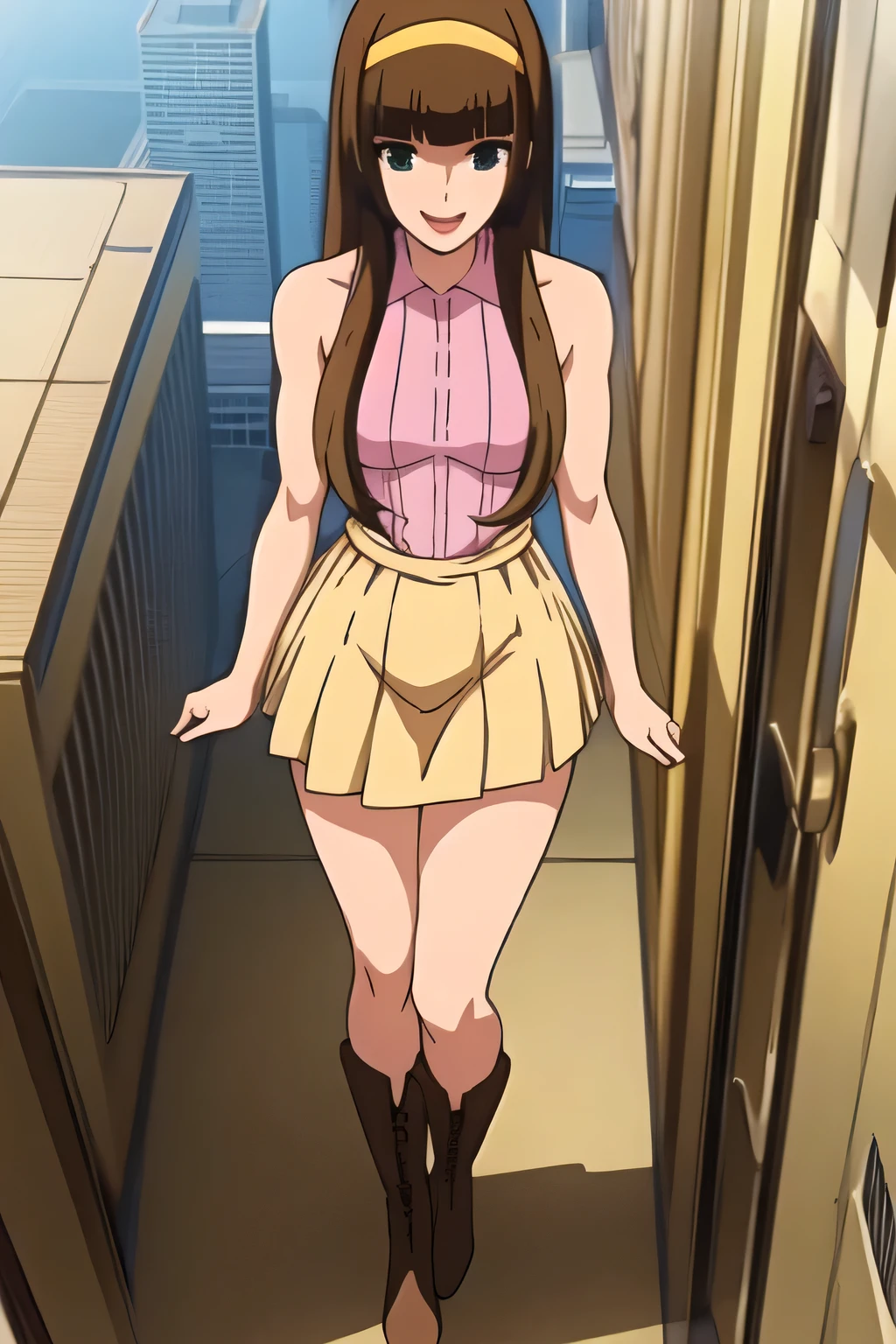 nice smile,Faces are very important,brown straight long hair,big boobsをさらにbig boobsに描いて下さい,micro mini skirt,I'm wearing boots,Yellow hair band on the head,,,Smiling woman looking at the scenery from the roof of a skyscraper,, ,(let's draw a more delicate expression),(Sleeveless light clothing),( pleated miniskirt,blue panties), , big boobs, thin waist , , Big Breasts,,Faces are very important,
