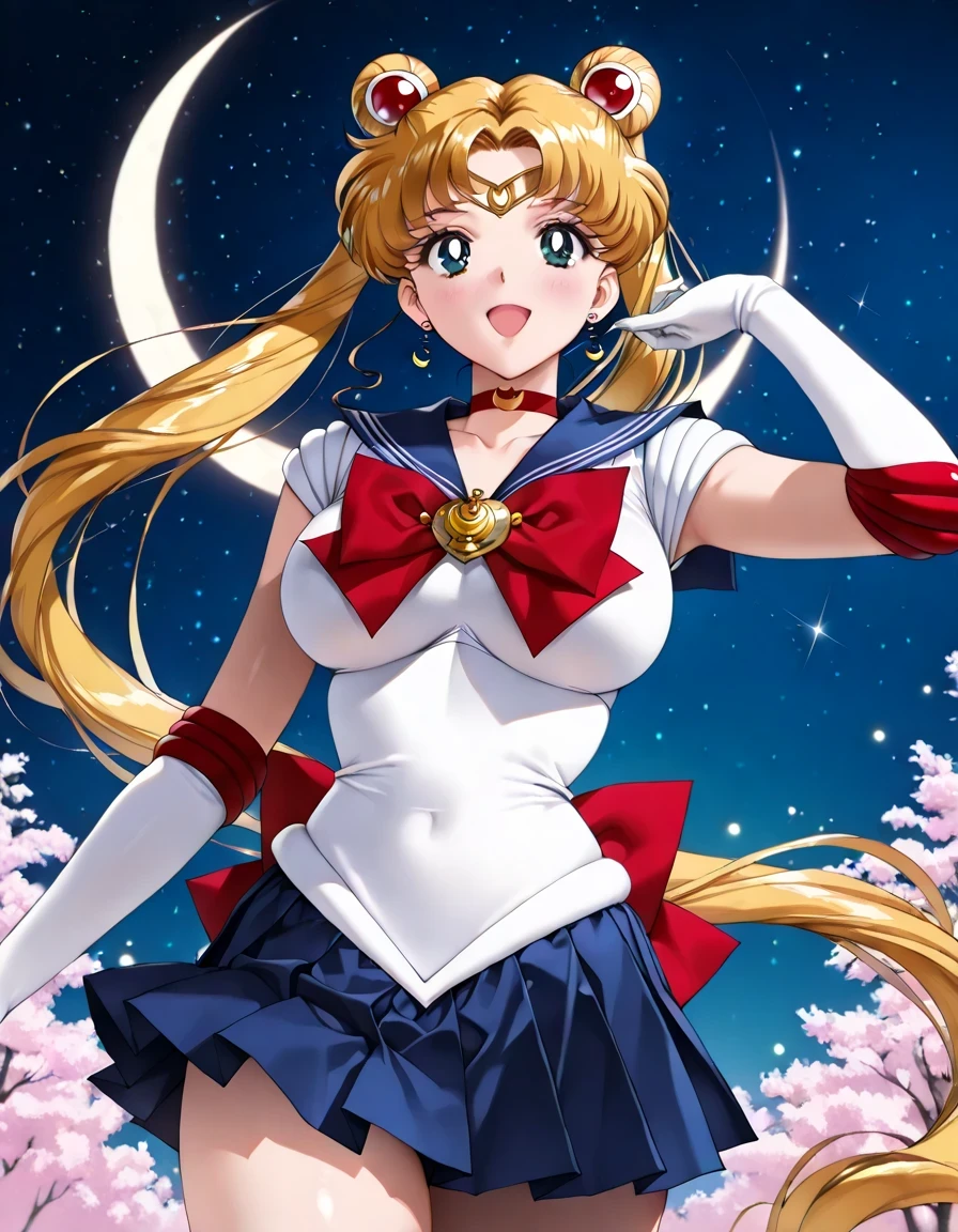 masterpiece, Newest, vibrant, Very Aesthetic, high contrast, mature woman,( Tsukino Usagi , golden hair, long hair, twin tail,large breasts),((back bow, blue sailor collar, blue skirt, bow, brooch, choker, crescent moon, elbow gloves, gloves, jewelry, magical girl, pleated skirt, red bow, red choker, ribbon, sailor collar, sailor senshi uniform, skirt, white gloves)), (sexy pose,Smile Yan,open mouth),((at night,starry sky,detailed background)),front view,top quality, ((Realistic:1.2)),((kadoi aya style:1.1)),((look Viewers)), ((hentai comics))