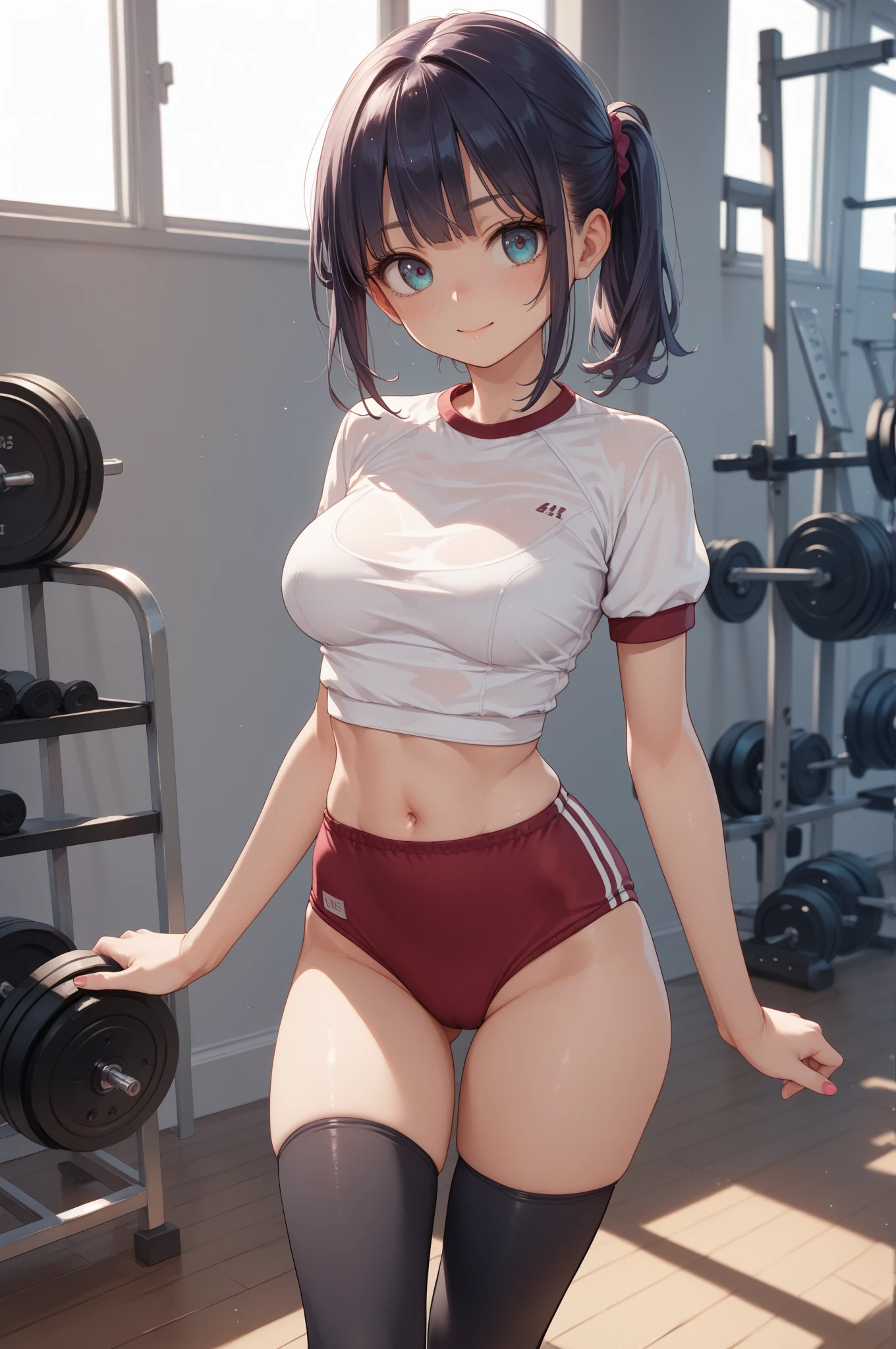 top-quality、Full limbs、complete fingers、Slender beauty、1人の女性、Woman with dark hair、Women with straight hair、Shorthair woman、Beautiful busty woman、((White short-sleeved gym uniform that covers the upper body))、((Dark blue high-leg bloomers))、sexypose、A big smile、Women's locker room