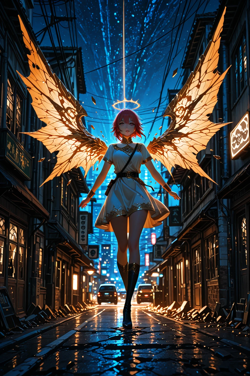 A giantess who is 100 meters tall,looking down on the camera,Delicate face,Clothes are not covered,Has a colorful extra-long braid that drags on the floor,Huge, exaggerated,Pronounced abs,Super long legs that occupy two-thirds of the body,Unbelievably super huge exaggerated buttocks,There are also nine long tails on the butt,A pair of huge wings that cover the sky behind it,A pair of extra-high heels with a unique shape,Tattooed with,Ultimate perfection in detail,full body shot shot