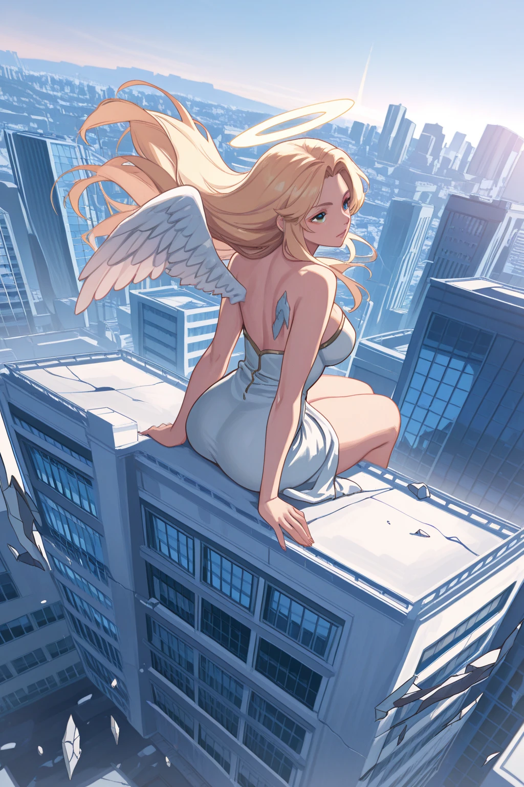 The image is anime style cowboy bebop and Darker than black with shadows and dim lights, anime style although somewhat adult and dark, It shows a single adult female angel of 2., with long blonde hair and blue eyes, has two wings on its back. She is standing on a container in a city that has a big bridge, colossal that goes towards the sky. It&#39;s night, She is naked and standing sideways.