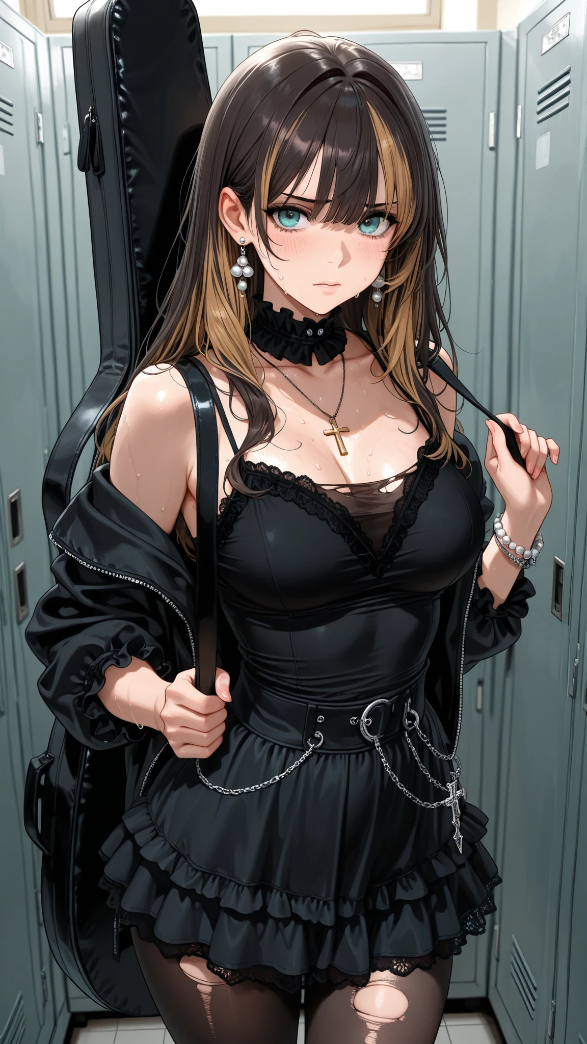 (masterpiece:1.3), (absurdres:1.3), (best quality:1.3), (8K), (large masterpiece digital art), (detailed manga illustration), (handled hair), perfect anatomy, (sharp eyeliner, eyeshadow, detailed eyes:1.1), (intricate details:1.3), (ultra-detailed:1.3), (illustration:1.3), (sharp focus:1.3), (natural lighting:1.05), (vivid colors:1.3), BREAK clearire2, 1girl, sister cleaire, light brown hair, yellow eyes, brown eyes, large breasts, long hair, open clothes, black skirt, black socks, short sleeves, chest harness, black shirt, two side up, bangs, crop top, miniskirt, belt, harness, o-ring, midriff, thigh strap, pleated skirt, suspenders, cropped shirt