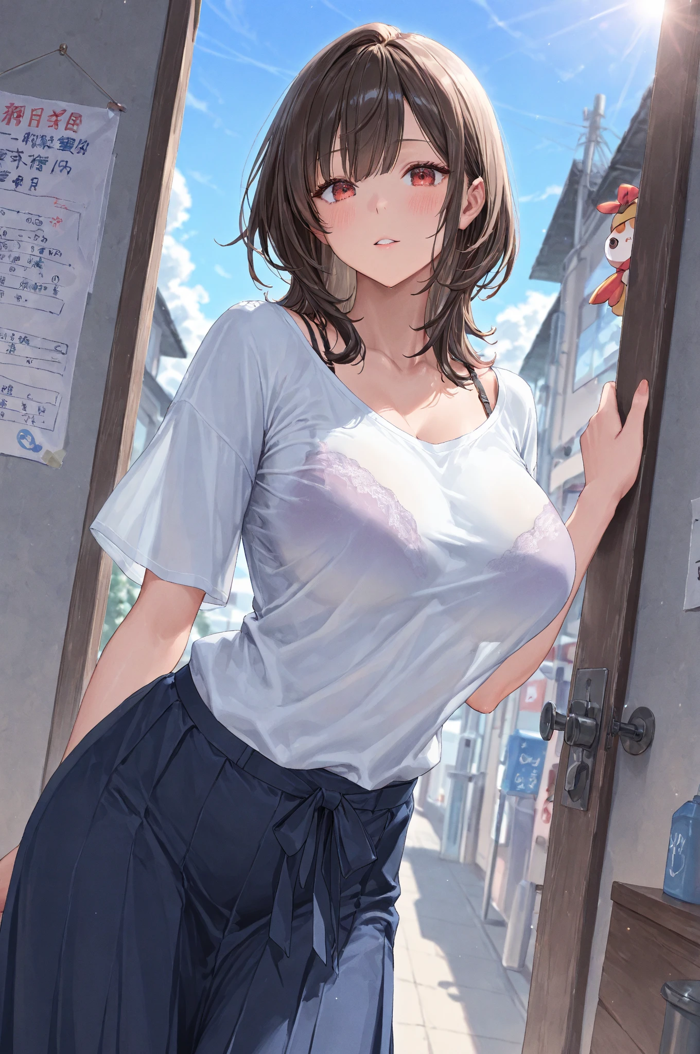 ((Highest quality, 8K, masterpiece:1.3)), Beautiful woman with perfect body:1.4, Slim Abs:1.2, ((Layered Hairstyles, Huge boobs:1.2)), (Wet white buttoned long shirt:1.1),(rain,Street:1.2),drenched:1.5,Highly detailed face and skin texture,Detailed eyes,double eyelid,Side view camera,cardigan,belly button,Expose your belly button,Cover your chest with your hands,Place your hand on your chest,white panties