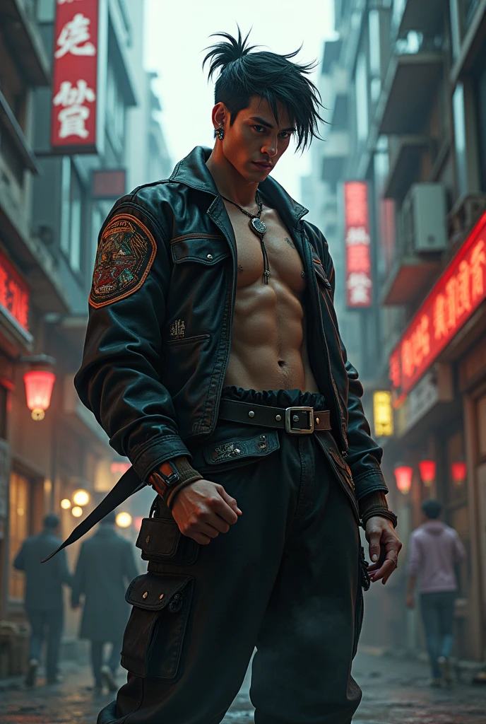 m male, (intricate details:1.22), hdr, (intricate details, hyperdetailed:1.2), full body, cinematic, intense, film composition, cinematic lighting, (rim lighting:1.3), color classification, , casual clothing, face eren yeager, strong body, perfect body, 8K, blurred city background, long hair tied black color, clothing costume DUNE
