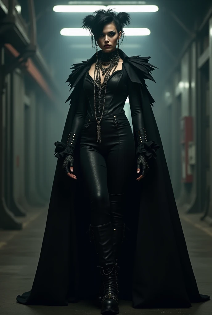 a tall emo super pale vampire with sharp claws gothic angry woman in witch hat, black velvets, lace, fishnets and leather tinged with scarlet or purple, accessorized with tightly laced corsets, gloves, platform boots and silver jewellery depicting occult themes wicked smile evil smirk with fangs, swagger with glowing hex circle magic infusion design , depicting occult themes,