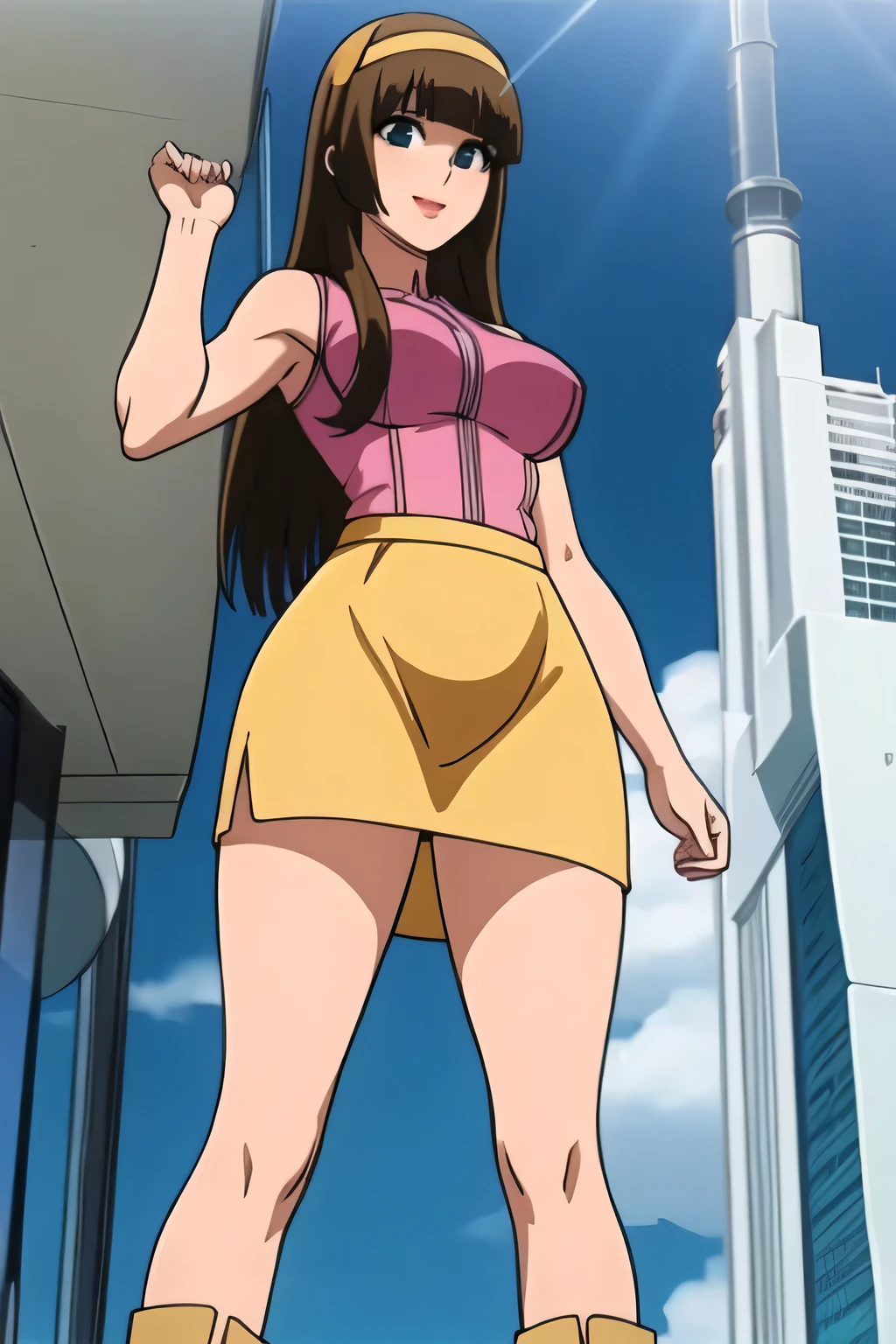 please draw her expression more delicately，nice smile,Faces are very important,brown straight long hair，爆乳のbig boobsをさらにbig boobsに描いて下さい，micro mini skirt，I'm wearing boots，Yellow hair band on the head,，，smiling woman watching the view from the roof of a skyscraper，，            ,（Let's draw a more delicate expression），（can you draw a picture of a woman with only a skirt），（ pleated miniskirt，blue panties）， ,   big boobs, thin waist ， ,   big breasts，，Faces are very important，from below，， standing with legs open，ミニスカートからblue pantiesがはっきり見える，