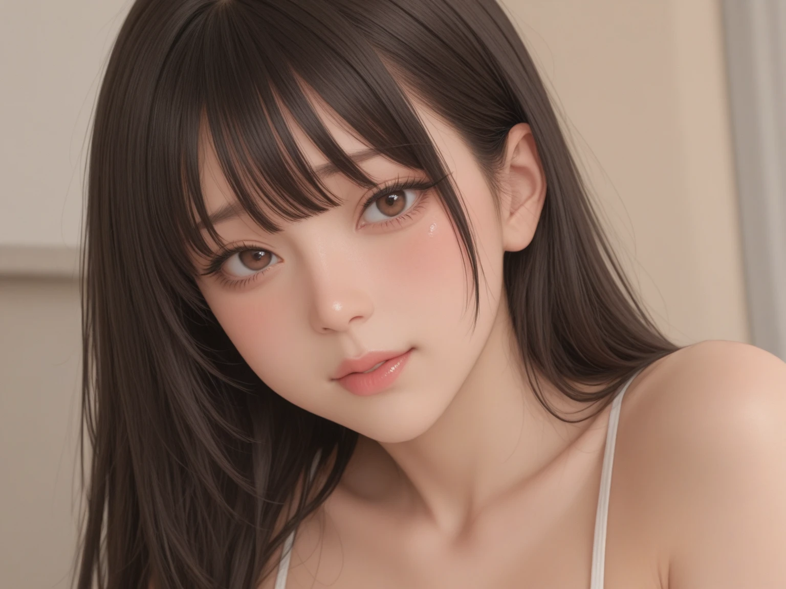 ((masterpiece, Highest quality, High resolution、Everything is beautifully detailed)), 1 girl, (Realistic: 1.4), alone, White Background, snow-White Background, Mouth closed, smile, smile, Beautiful black hair, short hair, Big eyes, Transparent double eyelids, eyelash, Listen carefully, Long neck, 美しくLong neck, Absolute area, ((Face close-up)), (Draw the whole head, shoulder), 19 years old, Attractive proportions, Glowing Skin, Beautiful clavicle, Golden ratio face, Perfect Face, Teardrop-shaped mole, chestのほくろ, bangs, clean bangs, beautiful bangs, Lip gloss, Thin lips, Fair skin, naked, Big Breasts, {Huge|big|Hugeな|Mega} chest, chestの谷間,Small face, Small face, All the heads are painted, shoulder all drawn, Point slightly above the camera