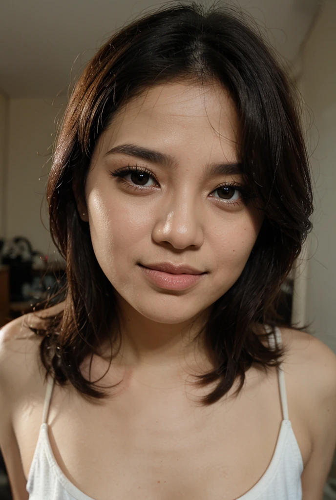 highest quality、ultra high resolution、(realistic:1.4)、(())、beautiful eyes、brown eyes、beautiful breasts、realistic skin texture、thin pubic hair、, 8K quality, 8k ultra, 10x more pixels、highly detailed cute face、detailed lips、fine eyes、double eyelid、natural makeup、（kind eyes）、（super cute girl）、perfect balance、Small tangled  short hair、beautiful 、((With a smile))、bedroom at night、(())、((very soft breasts))、((Realistic skin type))、((Let me touch your chest))、Let me touch your chest up close