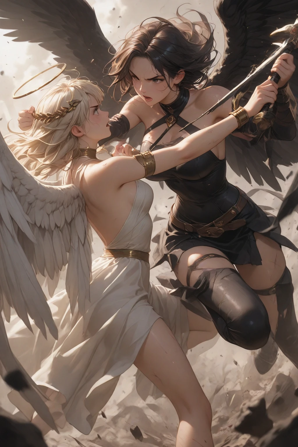 Beautiful angels fighting demons