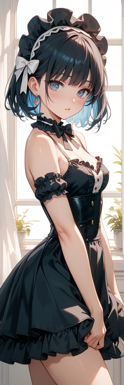kawakami sadayo,the maid outfit,ssee-through,cheerfulness,Fleshy thighs,Pose,Pubic hair is dense,Poster publicity style,Ocean park,busty figure,C cup