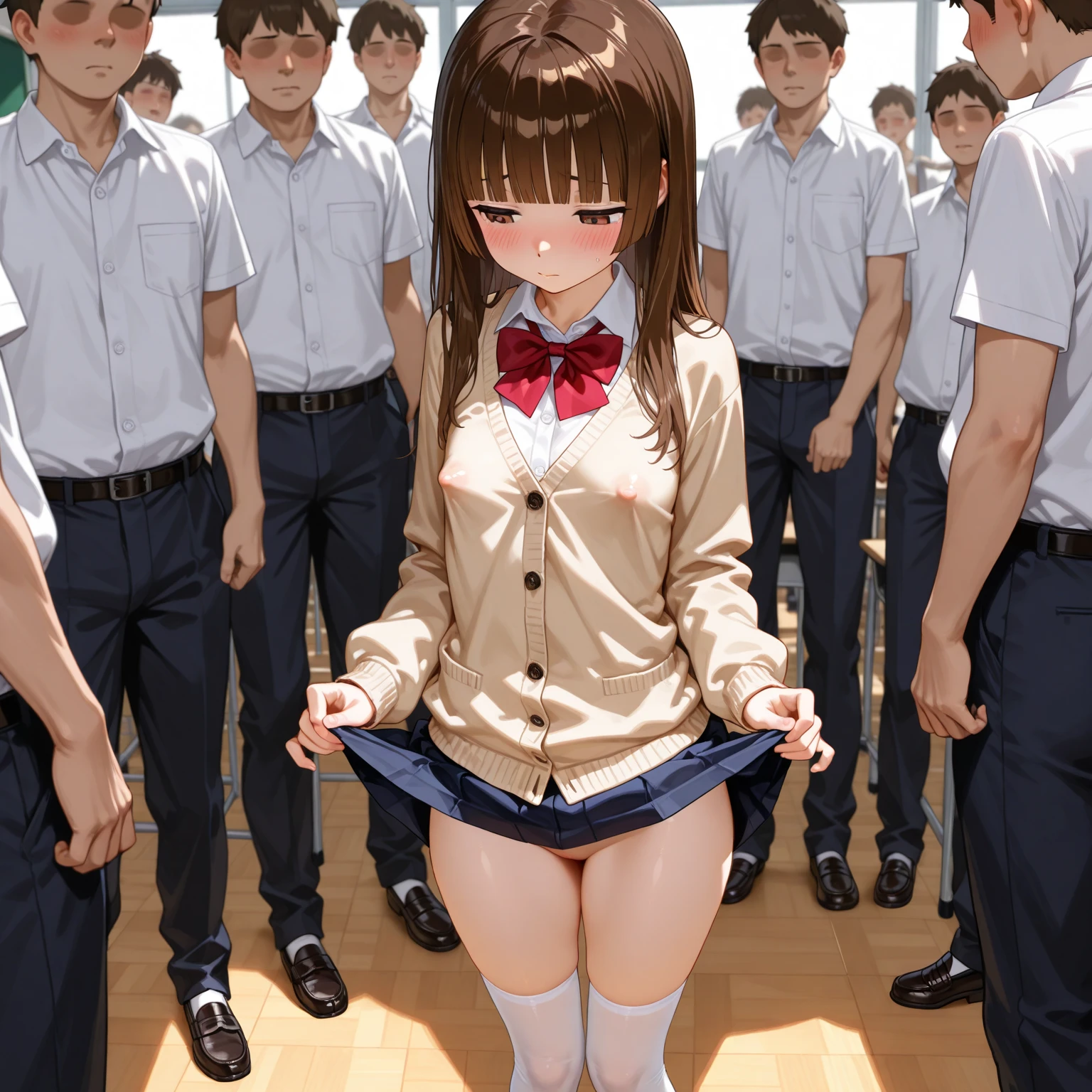 A skinny naked female student with very small breasts is crying a lot.,surrounded by men in the park