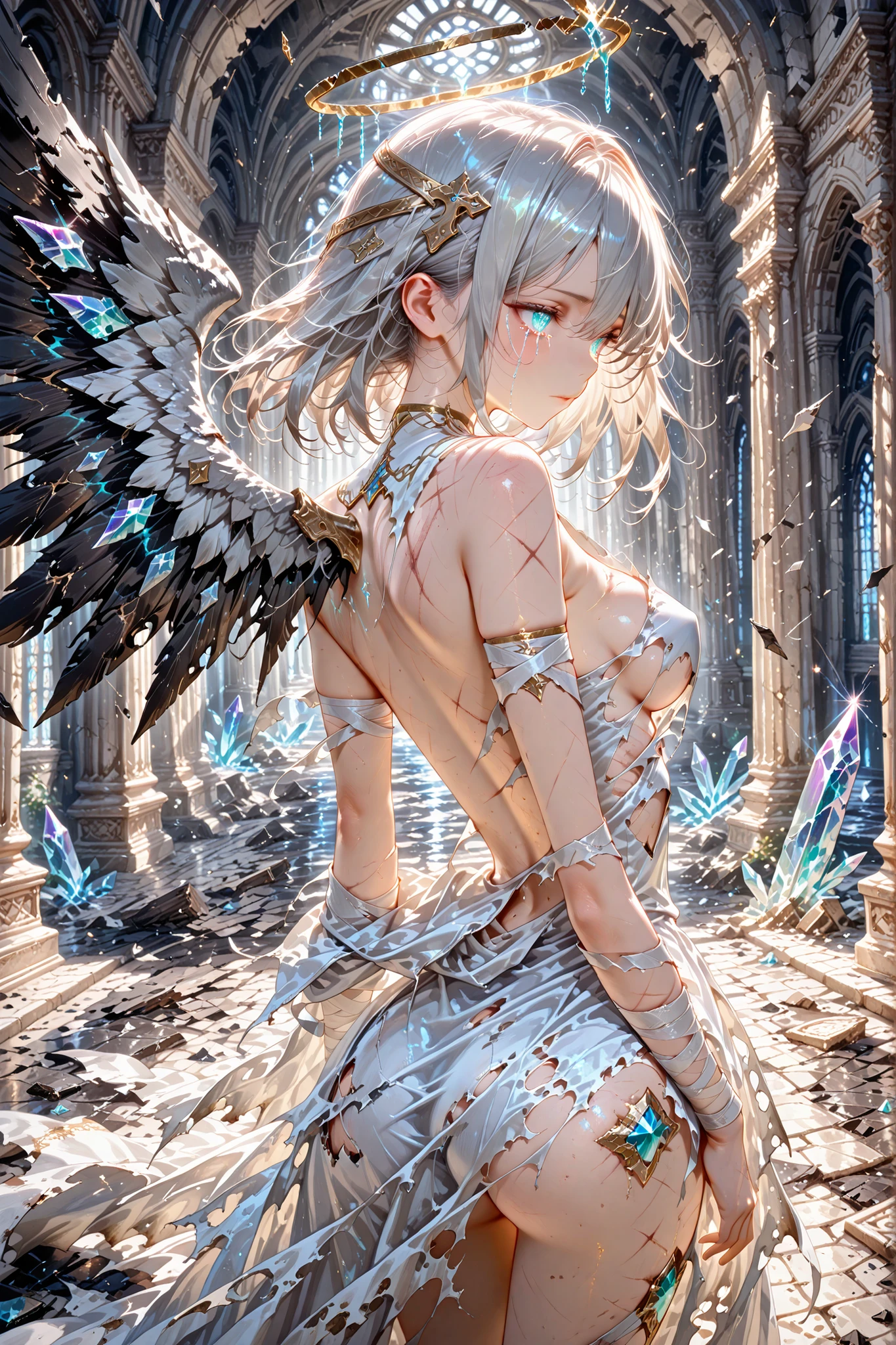 Broken wing angel, masterpiece, best quality, ultra-detailed, 1girl, damaged wing angel, young angel ,torn dress, damaged dress, firm breasts, visible scars on back, tattered holy robes, sorrowful eyes, gentle divine light, bandaged shoulders, crystal tears, sacred architecture, floating white fabric, heavenly atmosphere, emotional depth, detailed back anatomy
