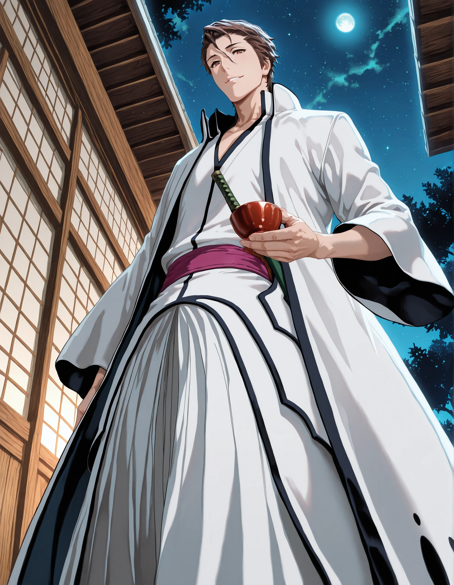 high quality, masterpiece, detailed, 8K, beautiful lighting, five fingers, anime style, vibrant colors, A man sits on the veranda of a wooden building, where the stars shine and the moonlight shines in a deep blue sky that exudes a sense of transience, holding a red sake cup in his right hand. He smiles at us with a smile that exudes a sense of transience. There is a pond in the garden in front of the man. (viewed from a low angle side view:1.5), aizen_sousuke_arrancar,1boy,solo,brown hair,brown eyes, arrancar clothes, Fantasy_eyes, night sky,
