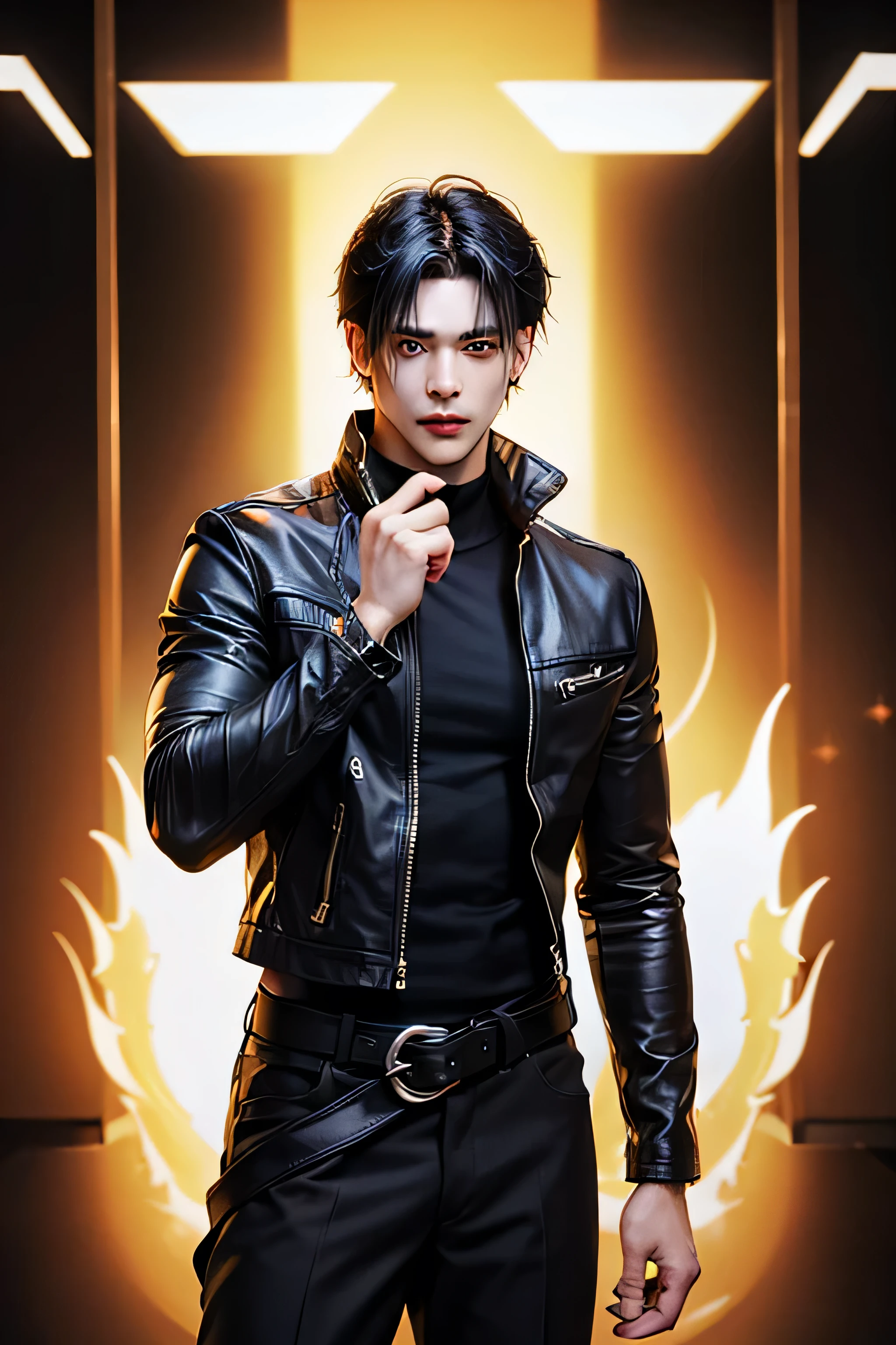 a male character black on a neutral background an extreme expression of anger with orange eyes crying a magma liquid, (black hair), --auto --s2