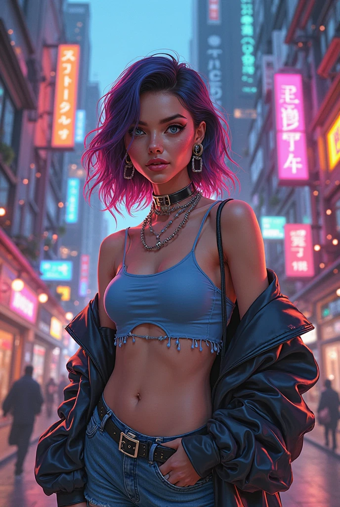 1 girl, best qualityer, work of art, high resolution, [purple|switches|Unripe] _body hair, black miniskirt, body hair accessory, necklase, jewerly, beautiful  face, anxiously waiting, full body view, realisitic, open air, modern square, two tone lighting, (high detail skin: 1.2), 8k UHD, dslr, smooth light, high qualiy, Volumetric Light, candid, photoshot, high resolution, 4K, 8k, background blur