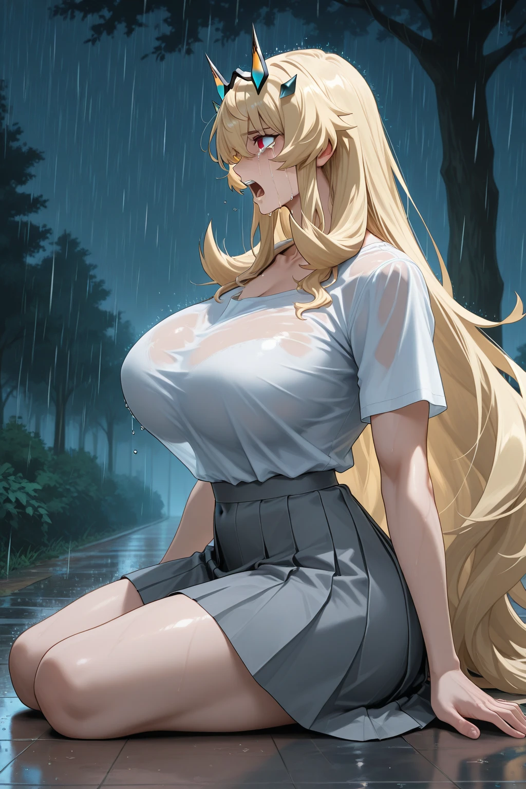 A beautiful woman, in her 20's, would be, overwhelmed, sensitive, blushing, on the street, in the middle of a storm, looking up at the sky, streetlights on, puddles on the ground, face and clothes wet, vertical aerial photography, top focus, photography from above in a vertical top focus, /(white skin, extremely long straight golden blonde hair combed in braids, honey colored eyes,), /(casual clothes: V-neck full body fitted long dress, open jacket, patent leather shoes with low heels, stockings, gloves,), /(shapely legs, hourglass shaped athletic body, medium hips, medium waist, medium chest,),