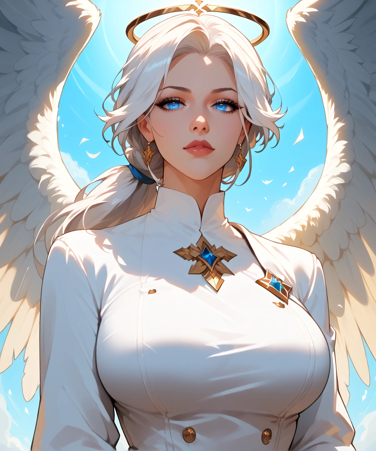 Hot sexy beautiful milf,blonde hair, necklace, red lipstick,heart tattoo on neck , heavy makeup, charming beauty, triangle earring , jawline ,blue eyes,smiling face, long slick back hair ,long feminine eyelashes,golden uniform,white shirt tucked underneath a closed, white trench coat, black leather pants, golden lining ,belt,pockets,hair pins,badge,wrist classical watch,bangles,female accessories , exposing cleavage, divine,white archangel wings,big breasts ,angel ring,white light, heavenly light, glowing body,shiny view, body aura,neck chain,ear chain, tattoo , breathtaking,braid hair,iron clothes , details body,shirt collar