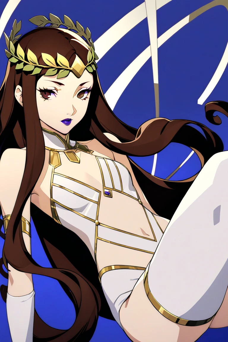 Female snitch with exaggerated posture, Royal blue and gold fabric, Contrasting long hair, minimalist art, Pure Klein red background,ink ，ink，Supremacist style