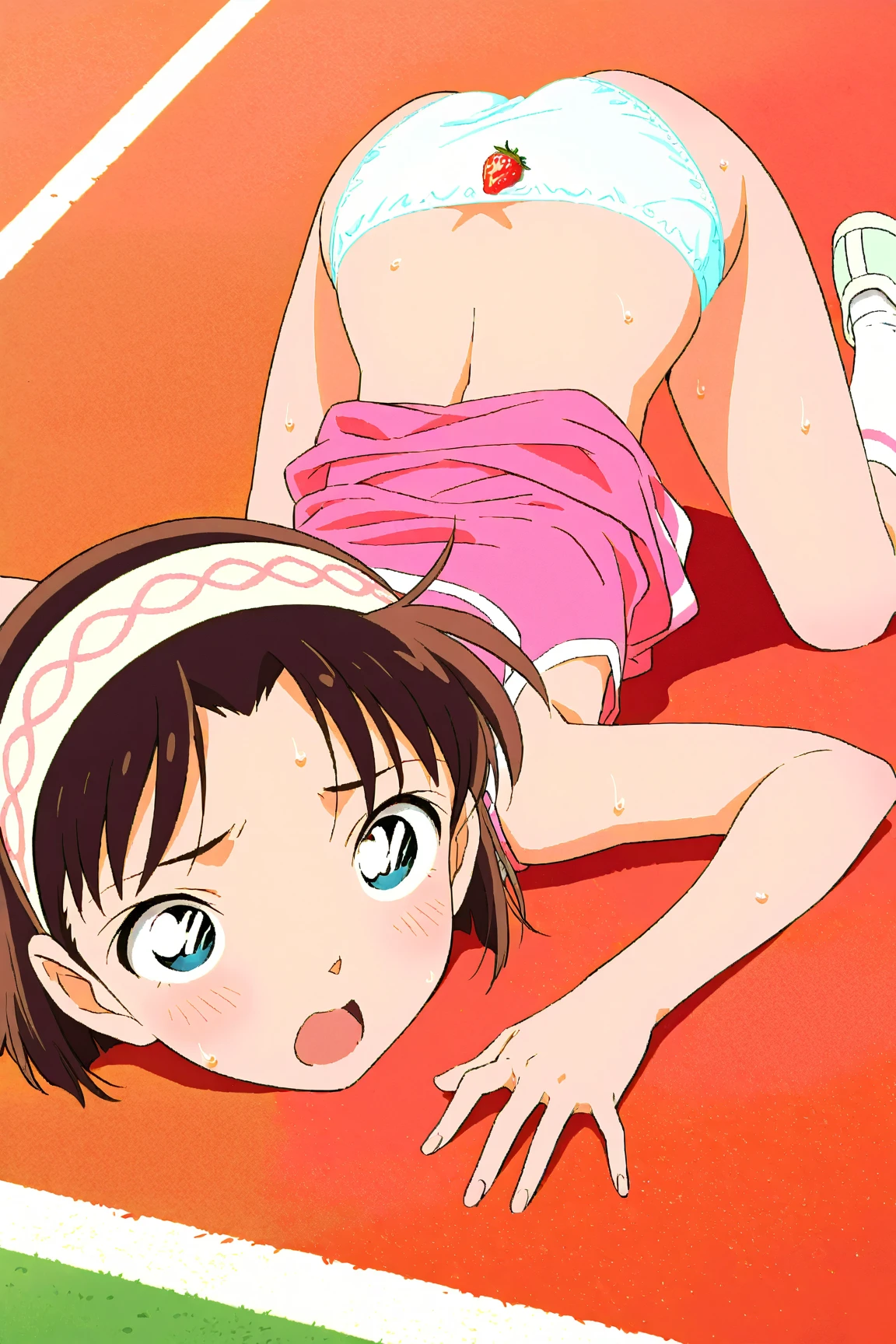 score_8_up, score_7_up, score_6_up, source anime, anime screencap, miwa, tatami mat, indoors, living room, looking at viewer, smile, open mouth, lying on stomach, holding nintendo switch, tank top, loli_, flat chest, butt, ass, ass focus, naked, bottomless, bare ass, tanned skin, tan lines, nipples, fan (electric), fan, sweat,