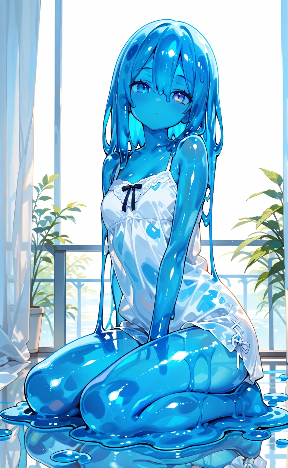 ((best quality)), ((masterpiece)), (detailed), A girl with caremal skin tone with straight back hair till her thighs and wearing transparent clothes while kneeling down on her knees embarrase shy look infront while blushing on her cheeks