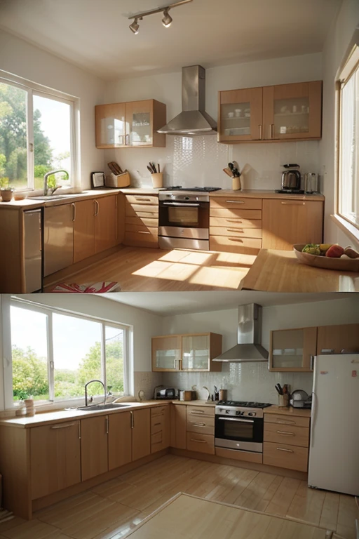 ,masterpiece, best quality,8k, ultra highres,Step into this minimalist and Nordic kitchen,You will be blown away by its minimalist beauty。The ubiquitous white walls blend perfectly with the wood-colored kitchen cabinets,Presents a pure and refreshing feeling。Simple and practical kitchenware and cutlery are neatly arranged,It gives a sense of order。Bright skylights allow sunlight throughout the kitchen,Make the cooking process more enjoyable。Every time you cook,All are full of anticipation and passion for creating food。This minimalist Nordic kitchen will inspire your cooking,Looking forward to every taste bud enjoyment。