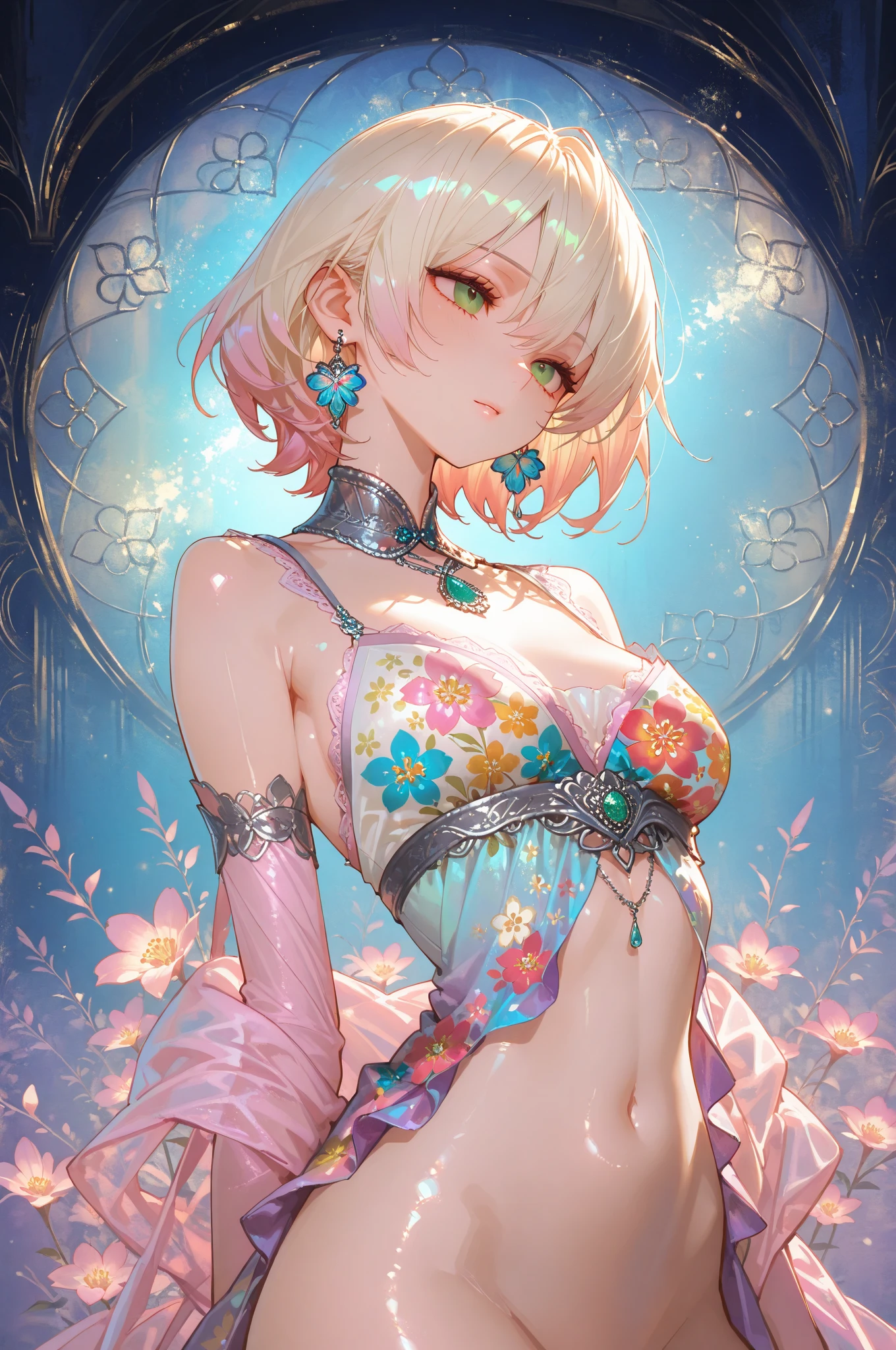 Please follow the all prompts below exactly and faithfully, This is a breathtaking masterpiece of digital illustration, with maximum resolution, UHD, 512K, 2160p, 10 million ppi, 300 million dpi, natural color tones, ultra sharp details, perfect outlines with contrast, ((smooth, soft and clearly and most realistic skin and hair texture)), most beautiful detailed eye features, perfect anatomically correct human body, beautiful background with depth, rule of thirds, depth of field, Maximize all element is used to its full potential to create the best digital illustrations, 1woman, sexy, 25years old, beautiful face sharp, elegant woman, Ultimate perfect body style, beautiful beautiful big breasts, Maximize upturned breasts, green eyes, shiny blonde hair, short hair, bob cut, (eyes visible through hair:1.3), glossy very thick lips, pink lipstick, smile:1.5, “Vibrant, intricately patterned skirt with regal, flowing design; adorned with mystical symbols and gemstones; dark, majestic colors with striking contrasts; ethereal, otherworldly aura. The skirt features layers of luxurious fabrics, including velvet and silk, with golden embroidery and silver thread accents. Enchanted runes and ancient glyphs are woven into the fabric, glowing faintly. The hem is lined with shimmering crystals, and the waist is cinched with a jeweled belt. The overall look is both fearsome and elegant, exuding power and mystery.”