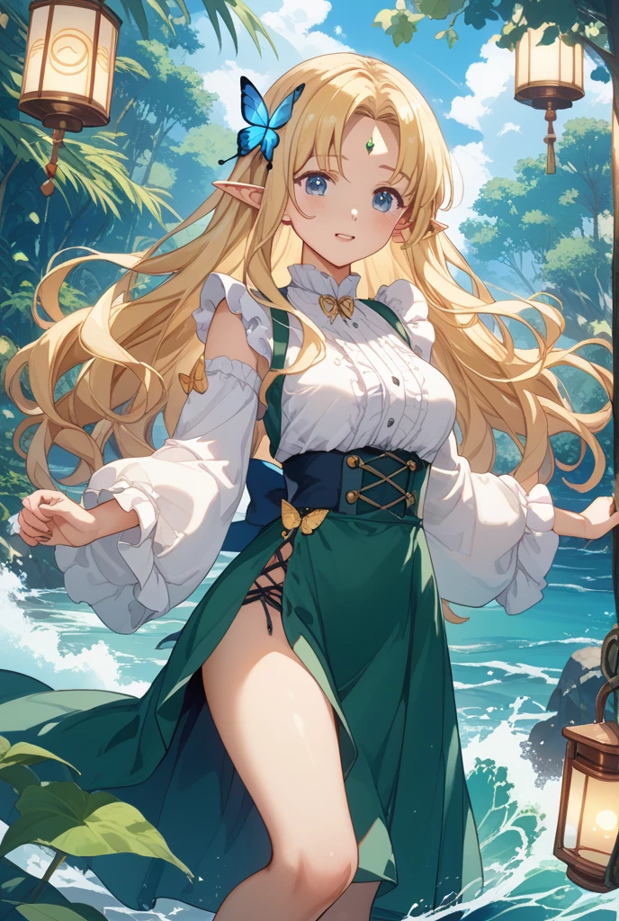 Fantasy summer memories, a night sky landscape with a white sand beach. The female elf has blonde hair, emerald eyes and is wearing a fantasy knight armor. Draw a cozy and warm scene. The lighting should be soft and golden like a smiling face, beautiful legs, and lanterns or candles. The art style should be detailed similar to fantasy art, with delicate, thin lines and accurate depiction of the face, fingers and toes. She is looking up with sleepy eyes. The overall atmosphere should have a clear and fantastical feel. Focus on a magical and enchanting environment.