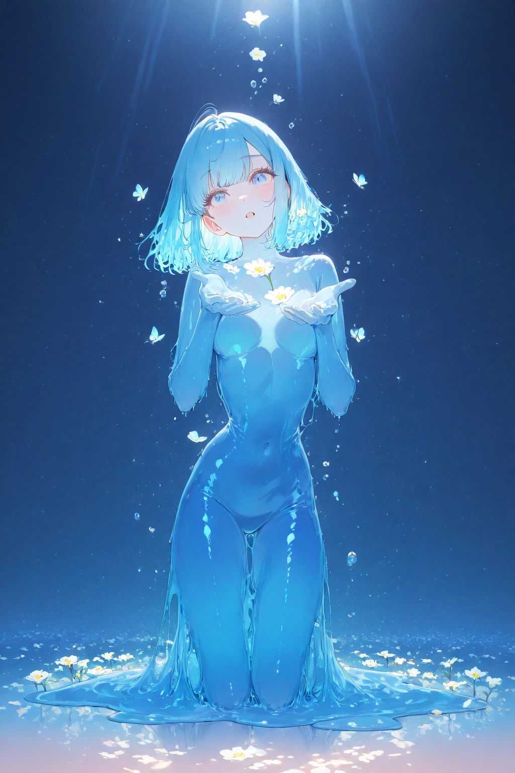 Slime Skin,luminous translucency,female,Round Face,Solitary,sports,Relax,elegant,whole body,(((Exposing thighs))),full,Transparent openwork,Deep V,((Short skirt)),stocking,leggings,Disheveled,(((Wet clothing))),(((Ultra-thin clothing))),Grinning